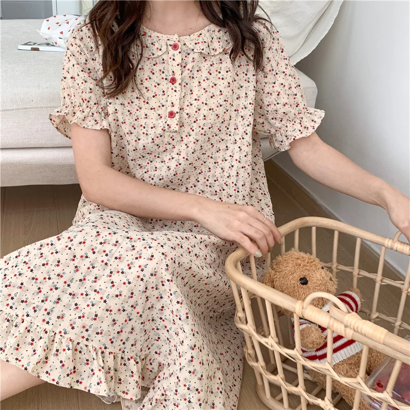 

Женская хлопковая ночная рубашка с коротким рукавом, круглым вырезом и оборками