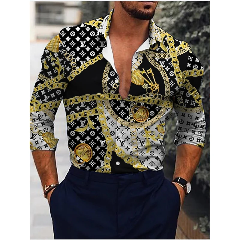 

Рубашка мужская оверсайз с длинным рукавом, Модный повседневный Роскошный топ с золотым принтом, одежда Вечерние, кардиган, блузки