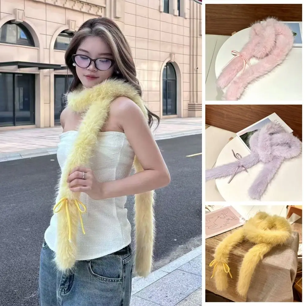 Модный однотонный шарф с бантом Y2k пушистый меховой в стиле Харадзюку роскошный