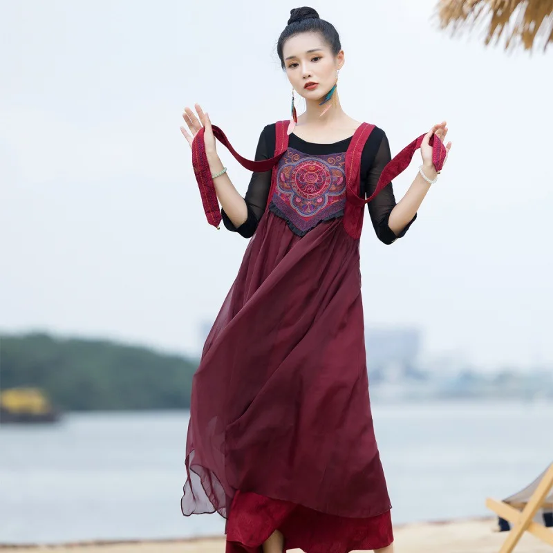 

2022 new spring autumn chinese national style women hanfu tang suit dress chiffon embroidery design travel casual daily dress