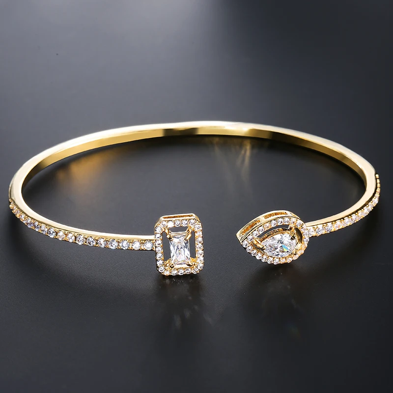 

Trendy Geometric Cubic Zirconia Adjustable Cuff Bracelet Gold Plated Bangles Party Birthday Christmas New Year Jewelry Gifts