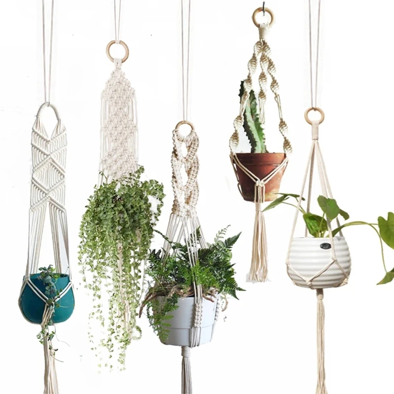 

4pcs/set Gardening Green Plant Hanging Basket Cotton Rope Hanger Pot Handmade Macrame Pot Pocket Wall Boho Courtyard Home Decor
