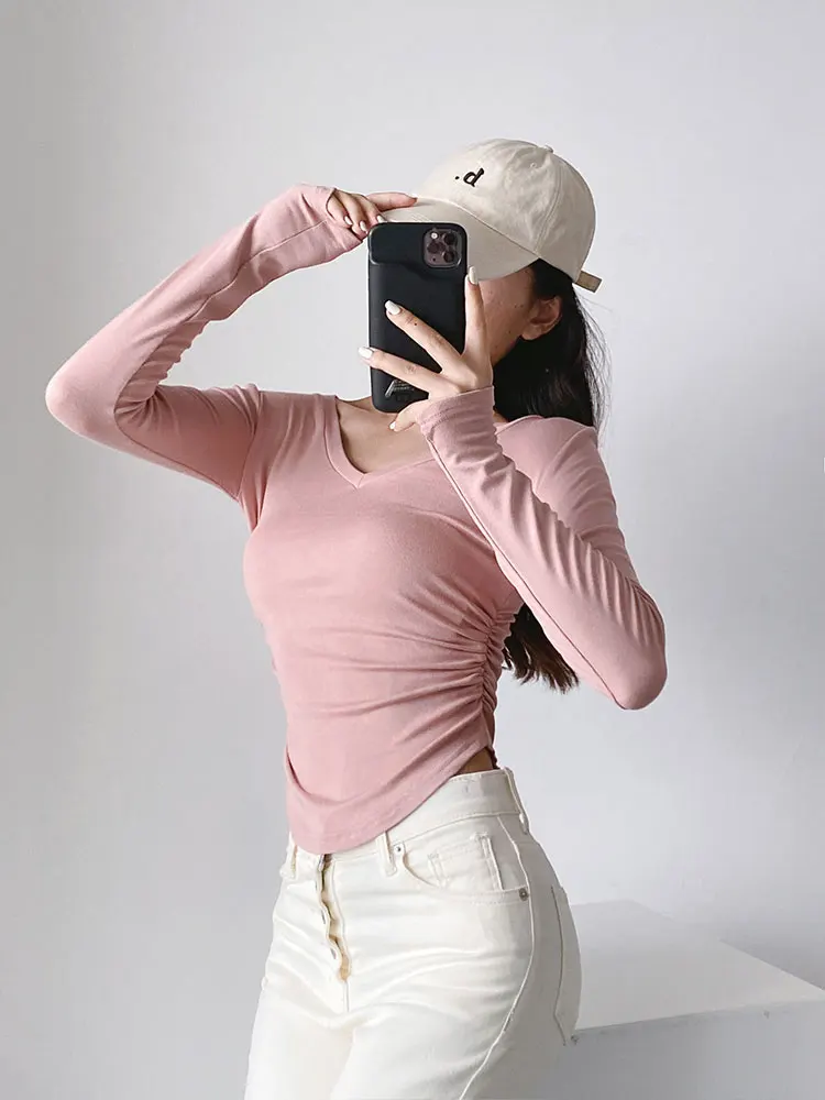 

Модный женский однотонный плотный плиссированный пуловер DUOPERI, рубашка, винтажные женские шикарные блузки с V-образным вырезом и длинными рукавами