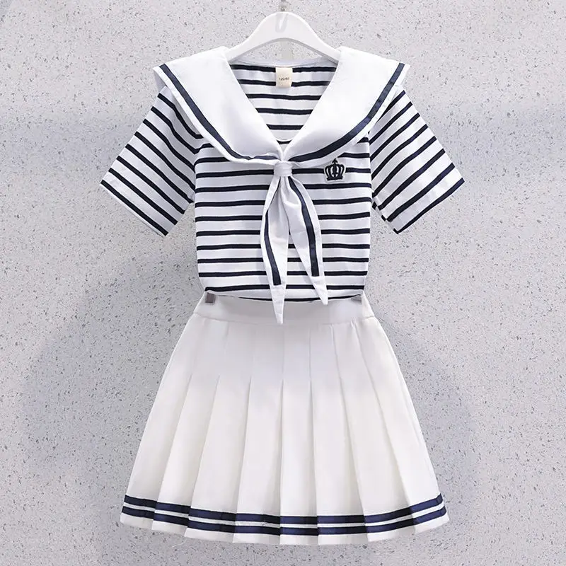 

Summer Girls Suit Sailor Collar Stripe Short Sleeve+Pleated Skirt 2Pcs Uniform for 3-13Y Ropa Conjuntos Para Niños 유아 상하복세트