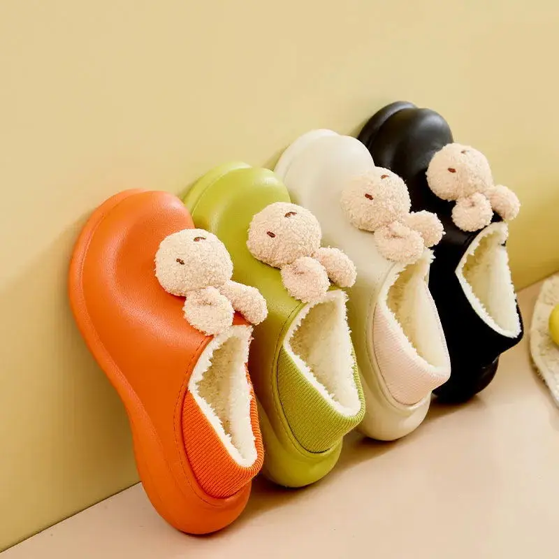 Winter Waterproof Women Slippers Cartoon Warm Non-Slip Thick Heel Home Cotton Plush Shoes Indoor Outdoor Slides Cute Shoes mules