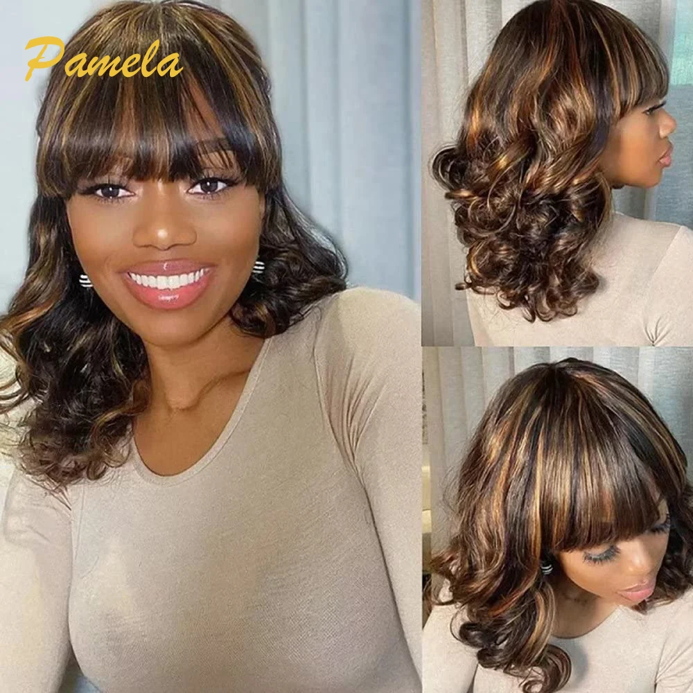 

30inch Highlight Blonde Short Bob Glueless Wig Human Hair Ready To Go 1b/30 Colored Loose Deep Wave Full Machine Wigs With Bangs