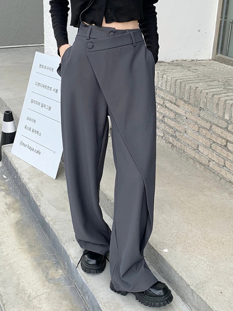 

2023 Chic Irregular Spliced Straight Trousers Women Fall Winter Korean Fashion Suit Pants Mujer Wide Leg Black Pants Streetwear