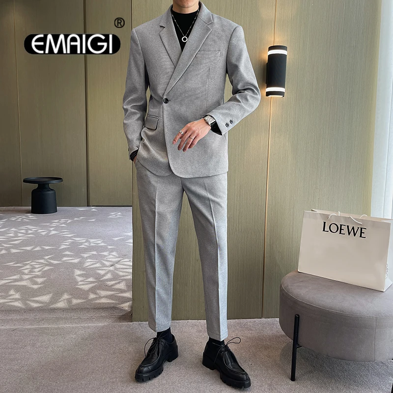 

Men Fashion Business Casual Single Buckle Slim Fit Suits Blazer Pant Male Vintage Wedding Dress Suits Coat Trousers