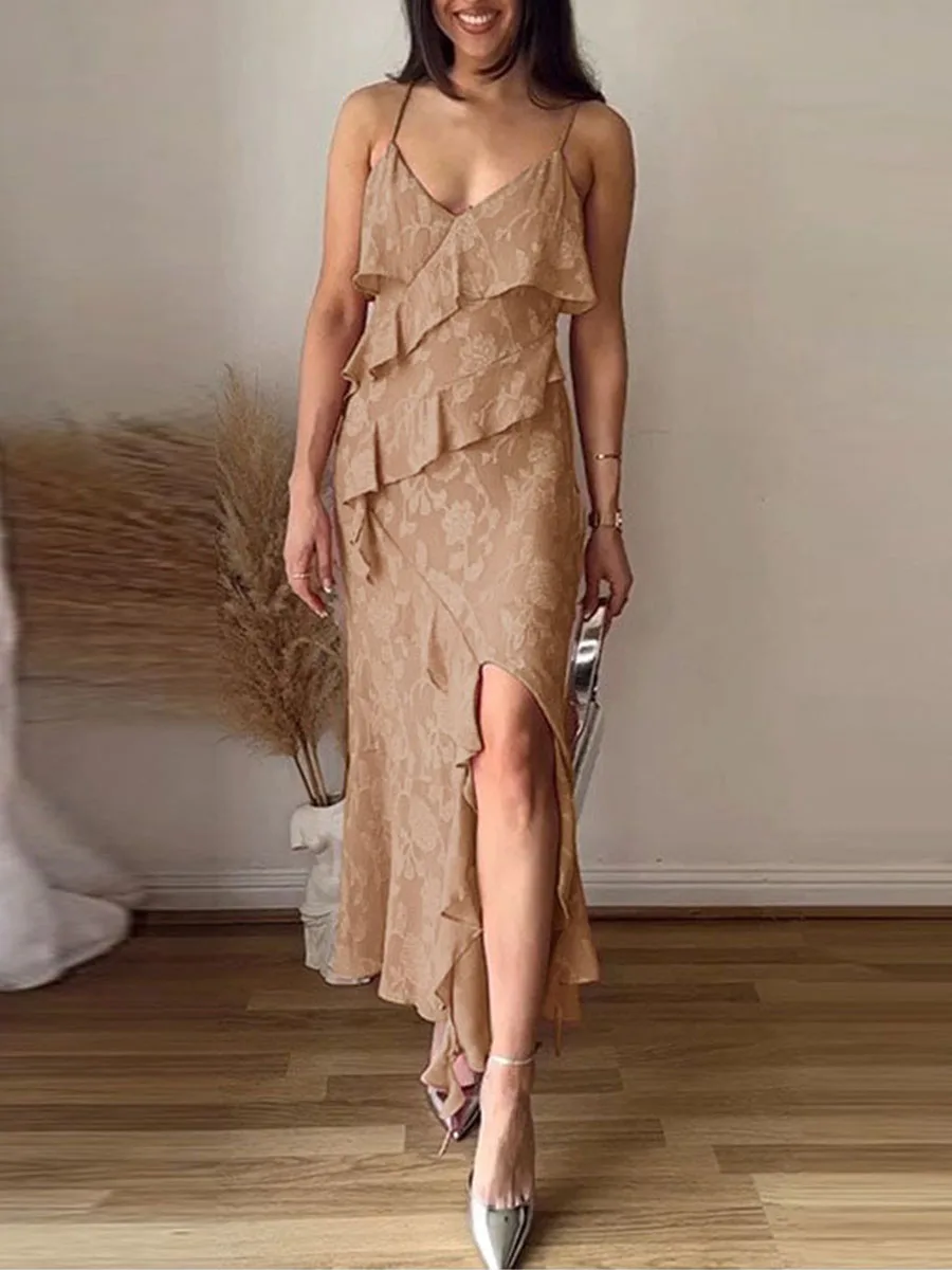 

Women Summer Ruffled Sling Strap Dress Floral Jacquard V-Neck Sleeveless Split Party Dress for Cocktail Beach Streetwear