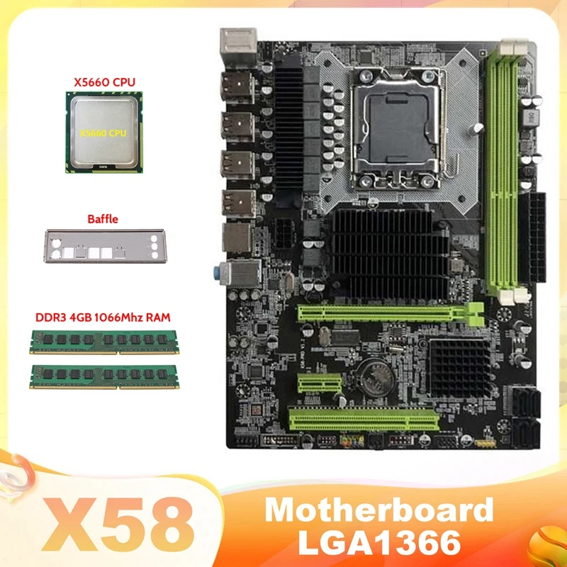 

X58 Motherboard LGA1366 Computer Motherboard Support XEON X5650 X5670 Series CPU With X5660 CPU+2XDDR3 4GB 1066Mhz RAM