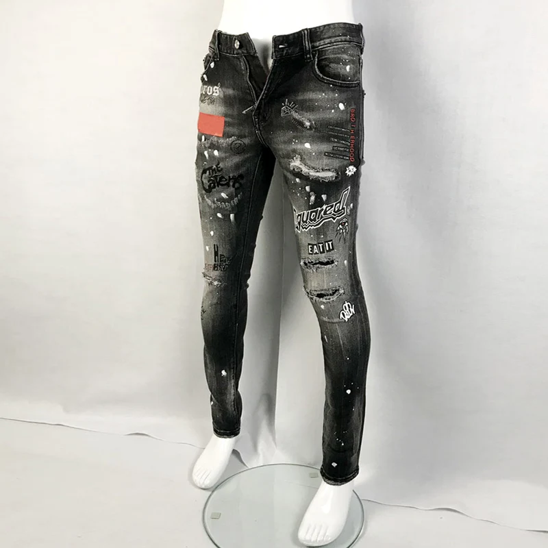 Street Fashion Men Jeans Retro Black Gray Elastic Stretch Slim Fit Ripped Jeans Men Printed Designer Hip Hop Brand Pants Hombre