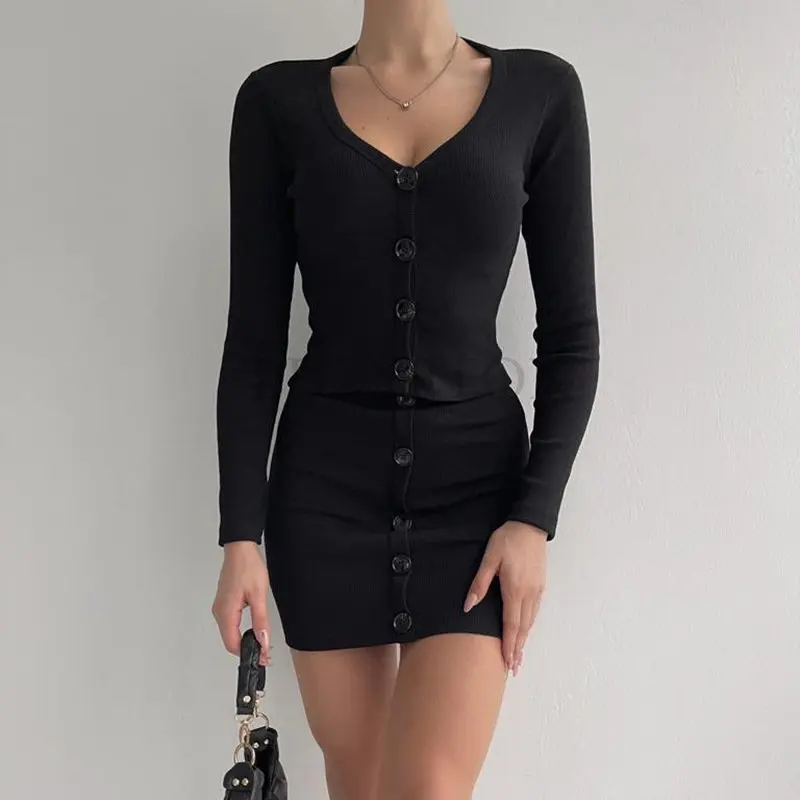 

2 Pcs Set Ribbed Solid Long Sleeve Buttons V Neck Top Pleated Mini Dress Streetwear Party Sexy Slim Elegant Y2K