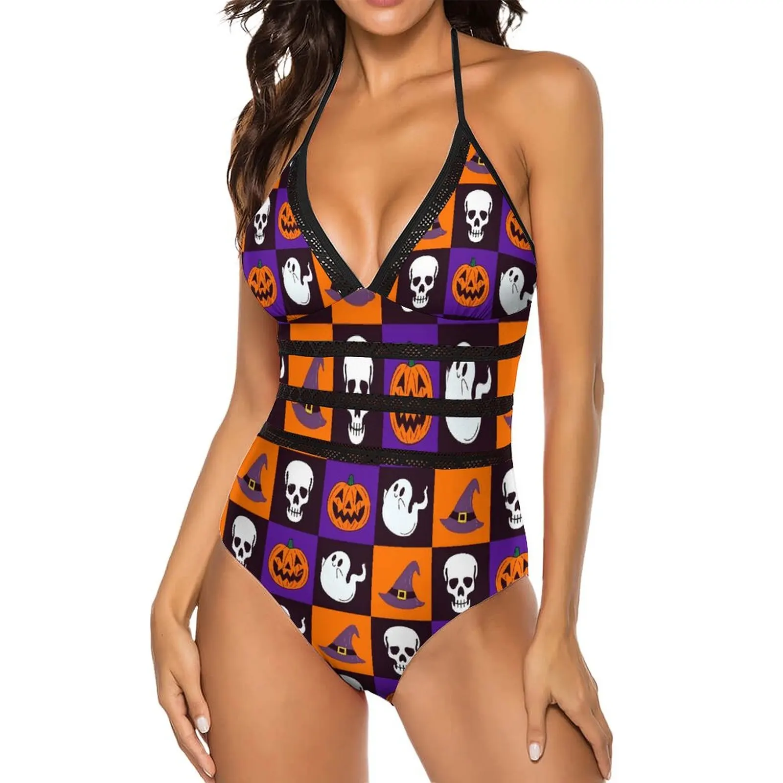 Милый купальник с призраком сексуальный v-образным вырезом на Хэллоуин цельный