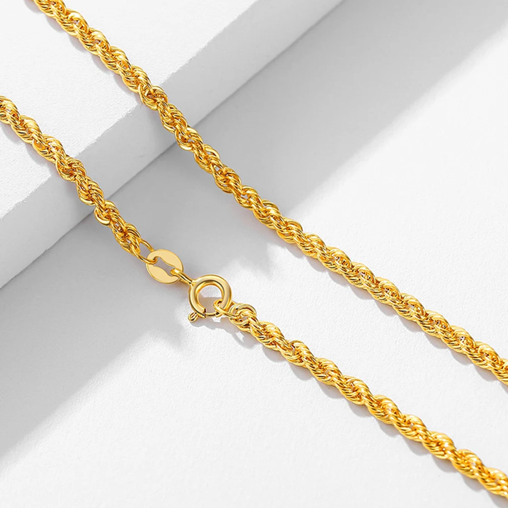 

Au750 Pure 18K Yellow Gold 2mmW Hollow Rope Chain Link Women Necklace 40-50cmL