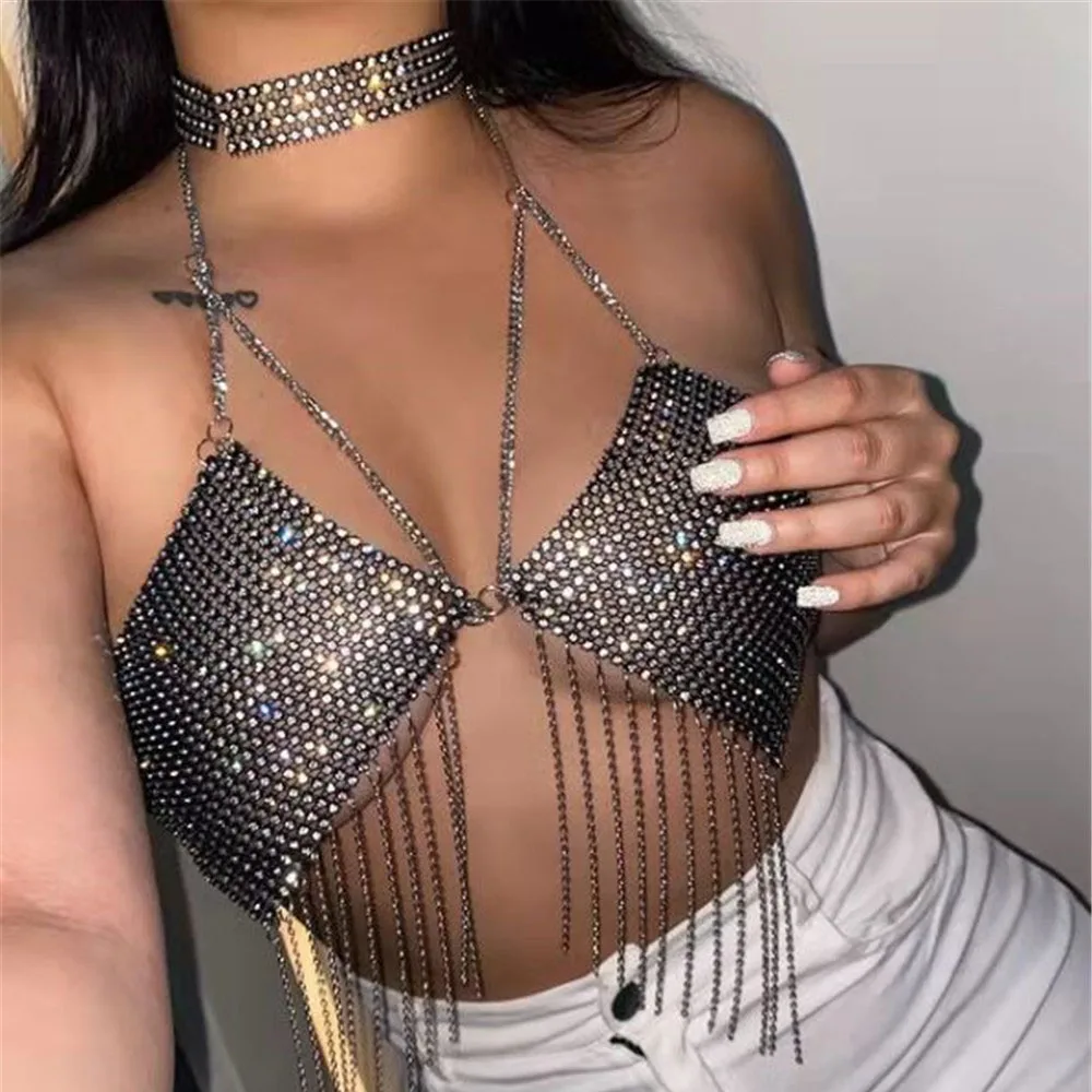 

2022 Women'S Sexy One Shoulder Leopard Shaped Slim Neck Short Sequin Suspender Metal Black Vest Y2k Sexy Vest