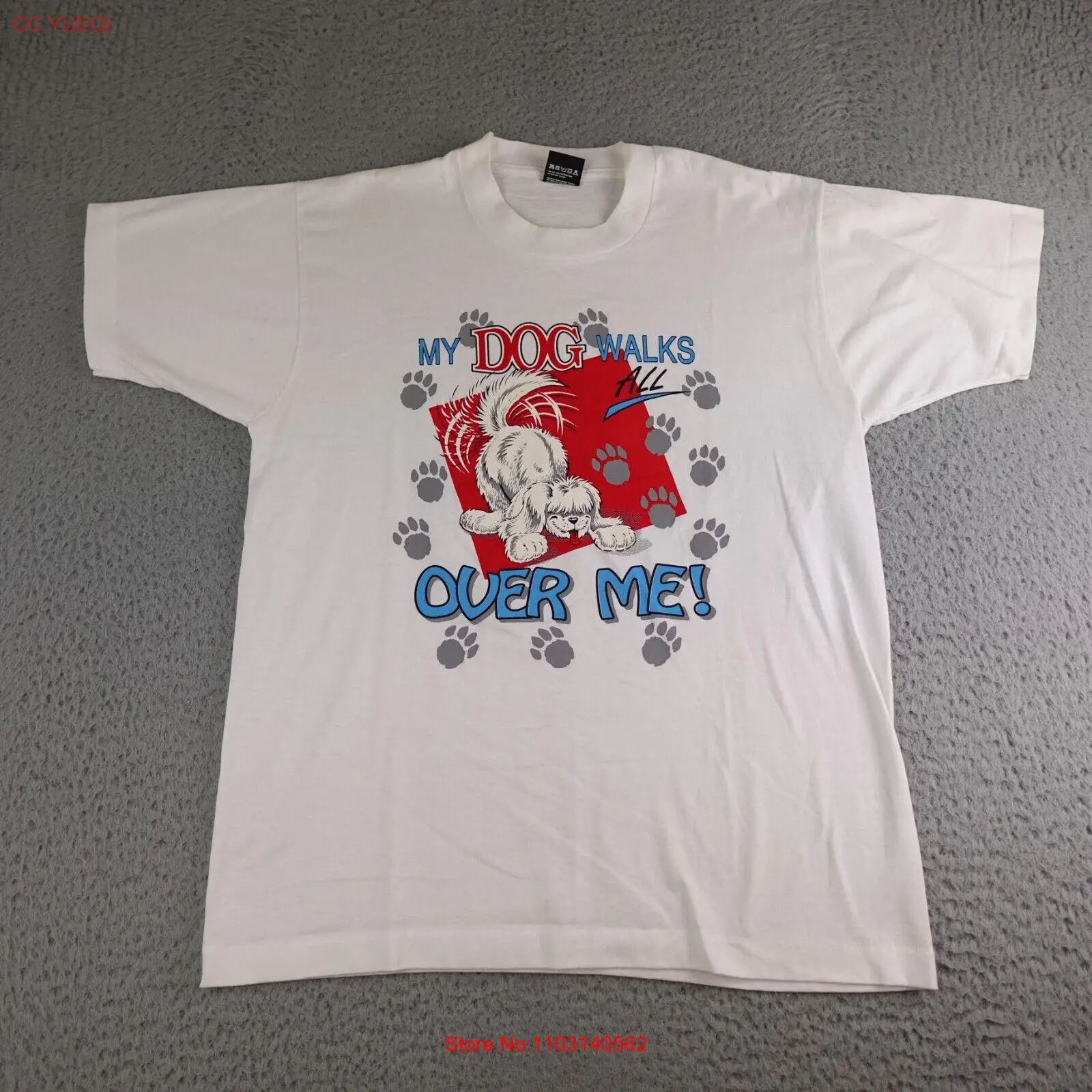 Винтажная Мужская рубашка с надписью My Dog Walk All Over Me большая белая Сделано в США