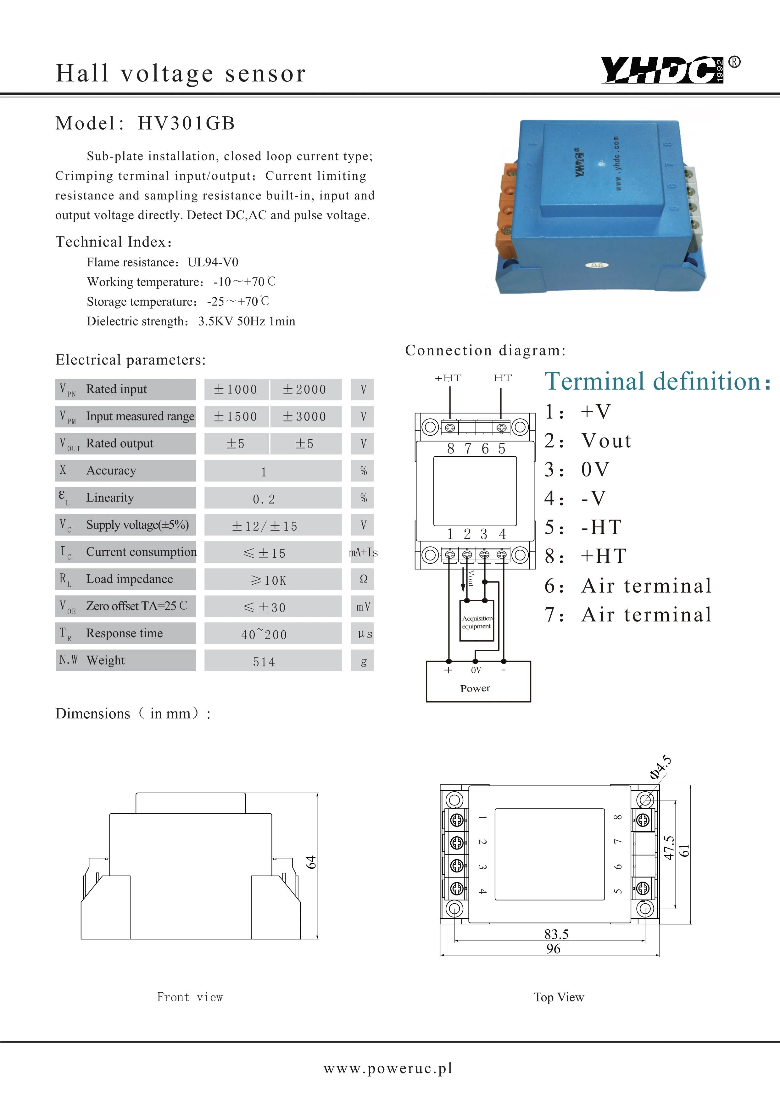 YHDC датчик напряжения Холла HV301GB вход ± 1000V/ 2000V выход 5V Точность 1% | Строительство и
