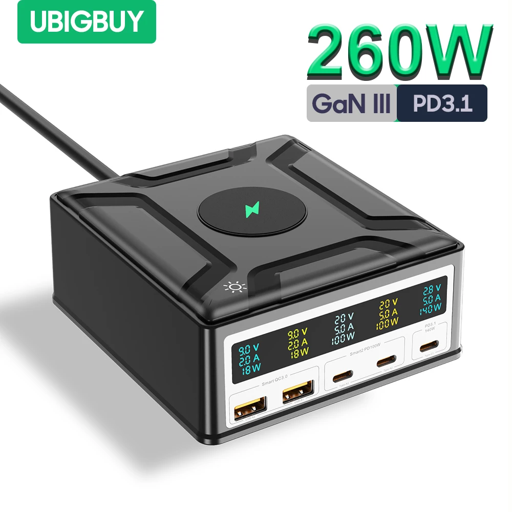 Ubigbuy 260 Вт USB-C GaN Зарядная Станция С Дисплеем 5-портовое Быстрое Зарядное