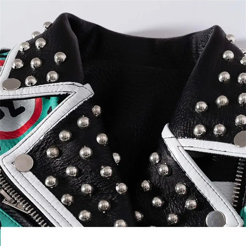Women's spring and autumn new high street hip-hop rock punk fun leopard pattern graffiti print rivet belt leather jacket spot
