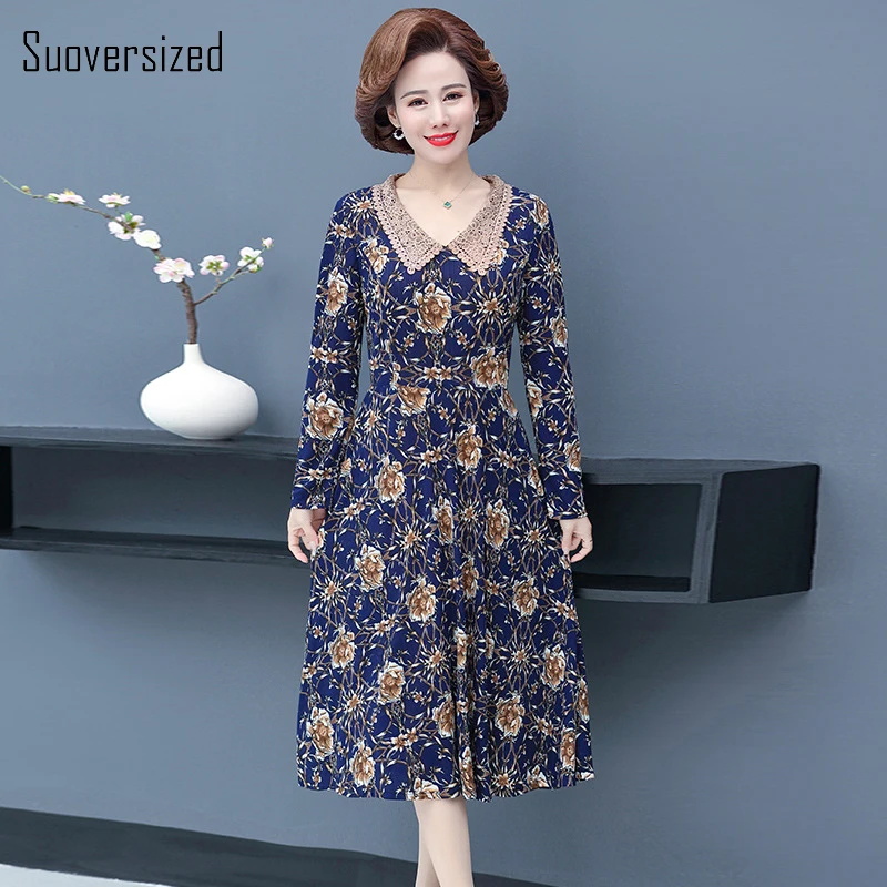 

Women Lace Floral Printed Knee-Length Dress Ladies V Neck Full Sleeve High Waist A-line Vestido Femme Autumn Mom Oversized Robes