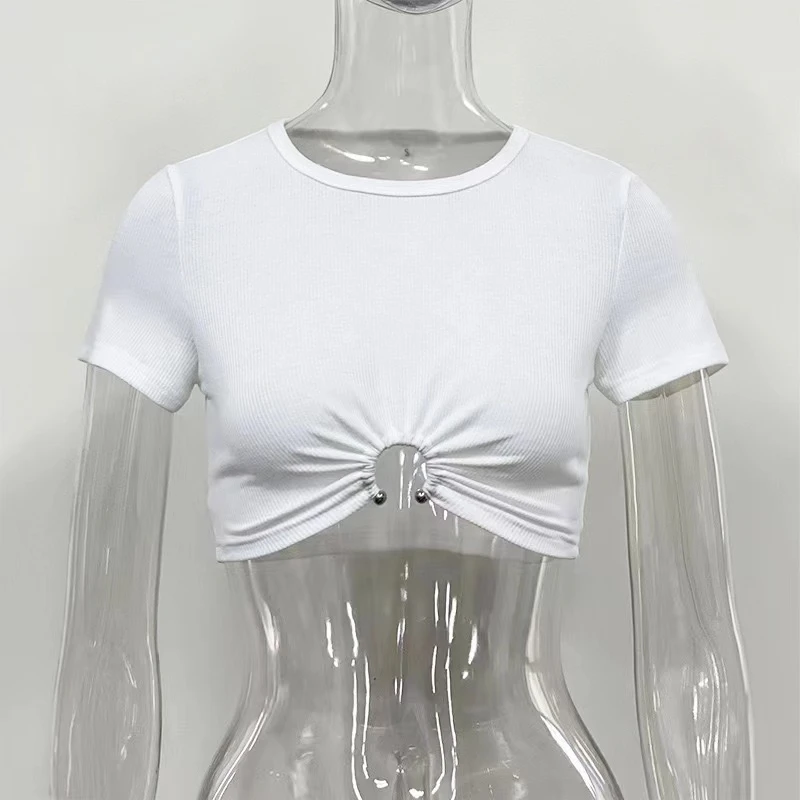 Лето 2024 кокетка ажурная футболка с коротким рукавом и круглым вырезом женская