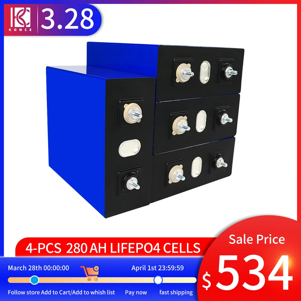 Deep Cycle 4pcs 3.2V 280Ah Prismatic Lifepo4 Lithium ion Battery Cell for 12V 24V 48V DIY RV Boat Golf Cart Solar Storage System |