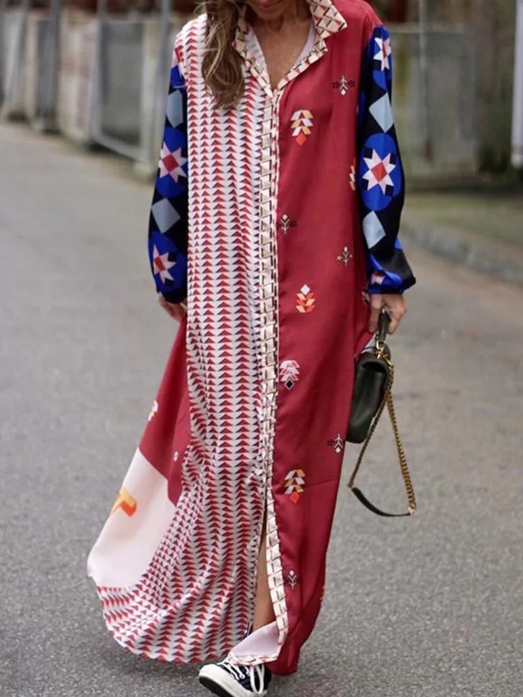 

Женское повседневное свободное платье-рубашка, длинное однобортное платье в стиле ретро с длинным рукавом и принтом, весна