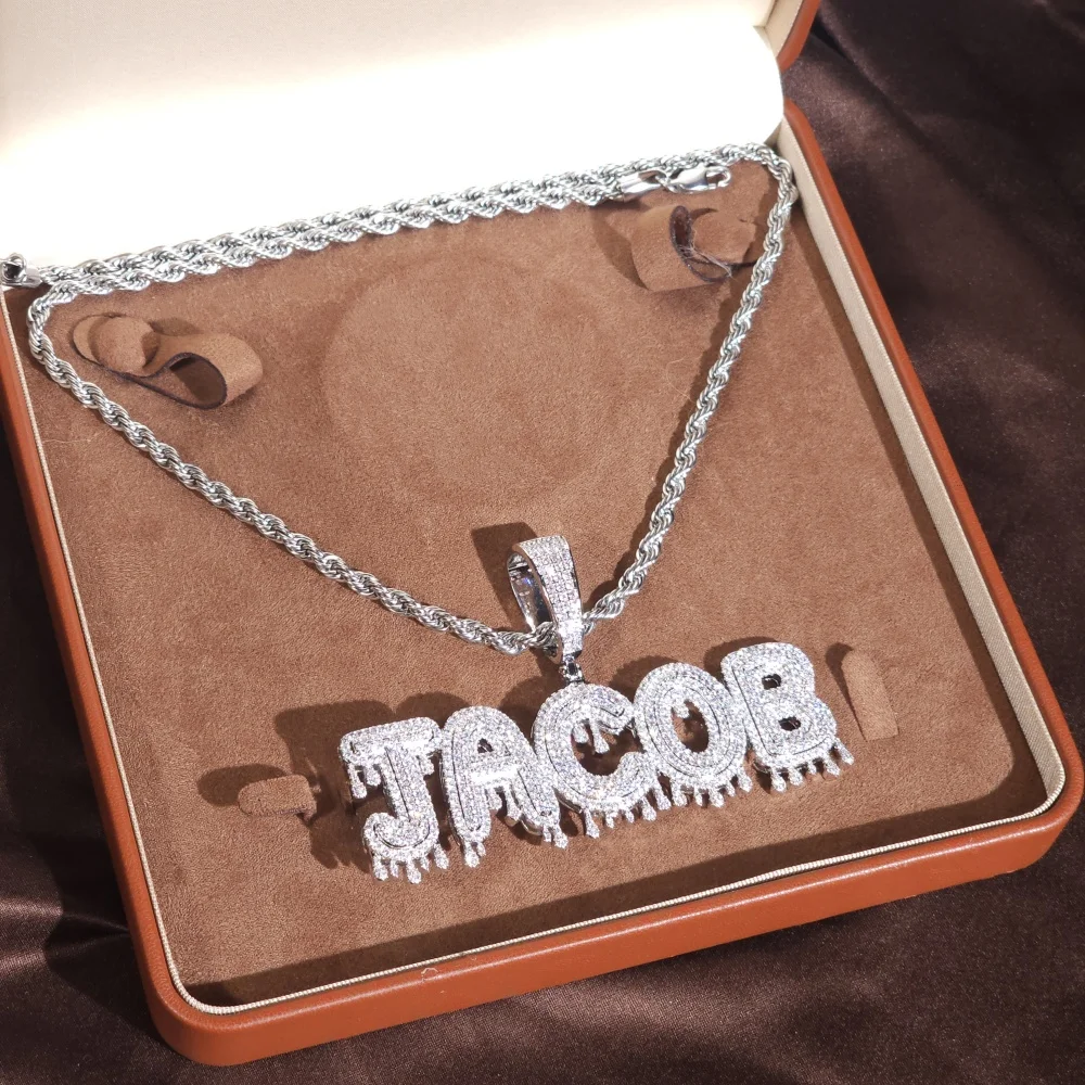 Фото ICE CHARMI Custom Drop Water Letter Iced Out Bling CZ Stones Персонализированный кулон Нишевое ожерелье Роскошные ювелирные изделия в стиле хип-хоп №3