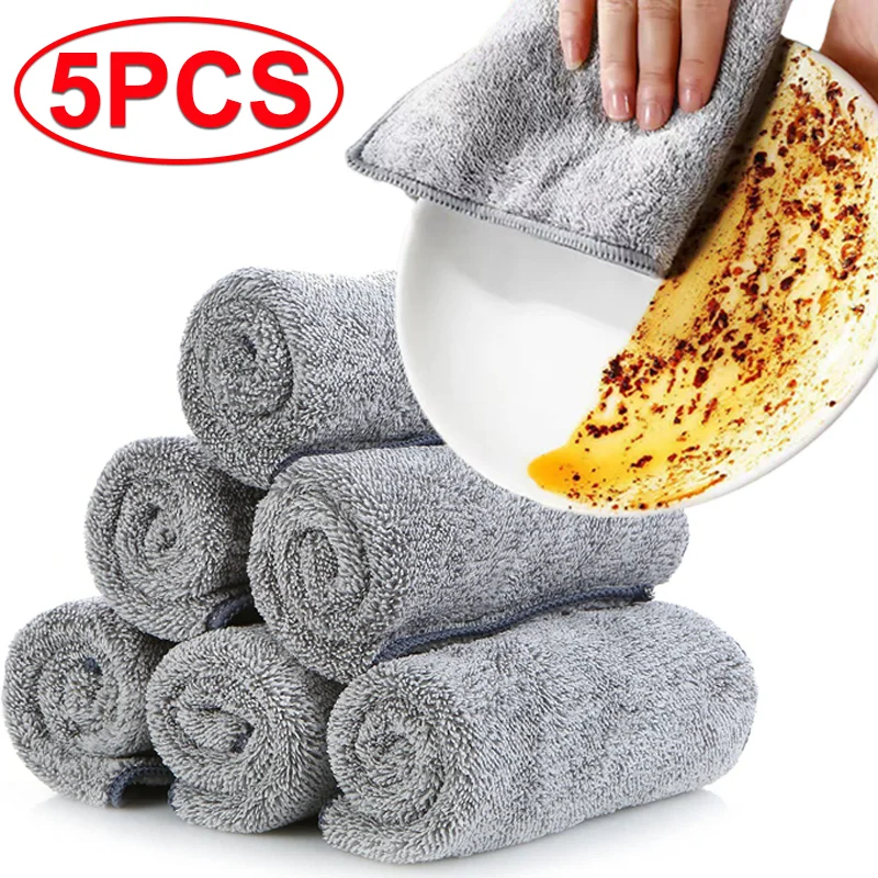 

5/1Pcs Bamboo Charcoal Dishcloth Microfiber Kitchen Towel Thickened Absorbent Non-stick Oil Wiping Rag Home Cleaning Dishcloth