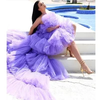 purple cropped tulle prom dress ruffle detachable train cocktail dress bridesmaid party dress
