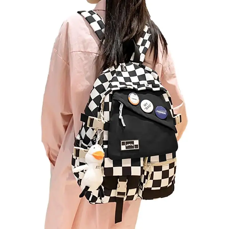 

Клетчатая школьная сумка для девочек, стильные рюкзаки с подвеской в виде утки из плюша, в Корейском стиле, в стиле Instagram, японский кампус
