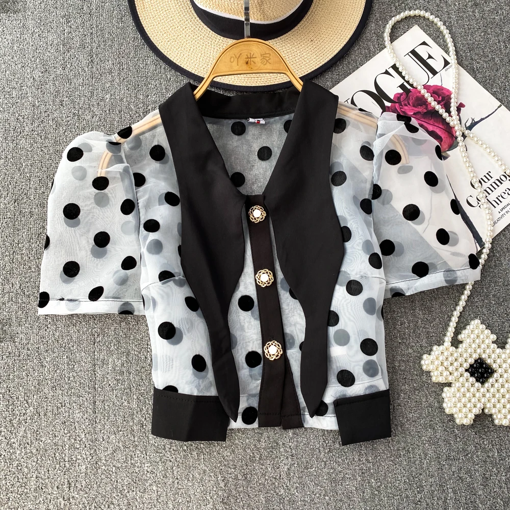 

Женская блузка с пышными короткими рукавами, подиумная дизайнерская однобортная прозрачная рубашка в горошек с отложным воротником, Повсе...