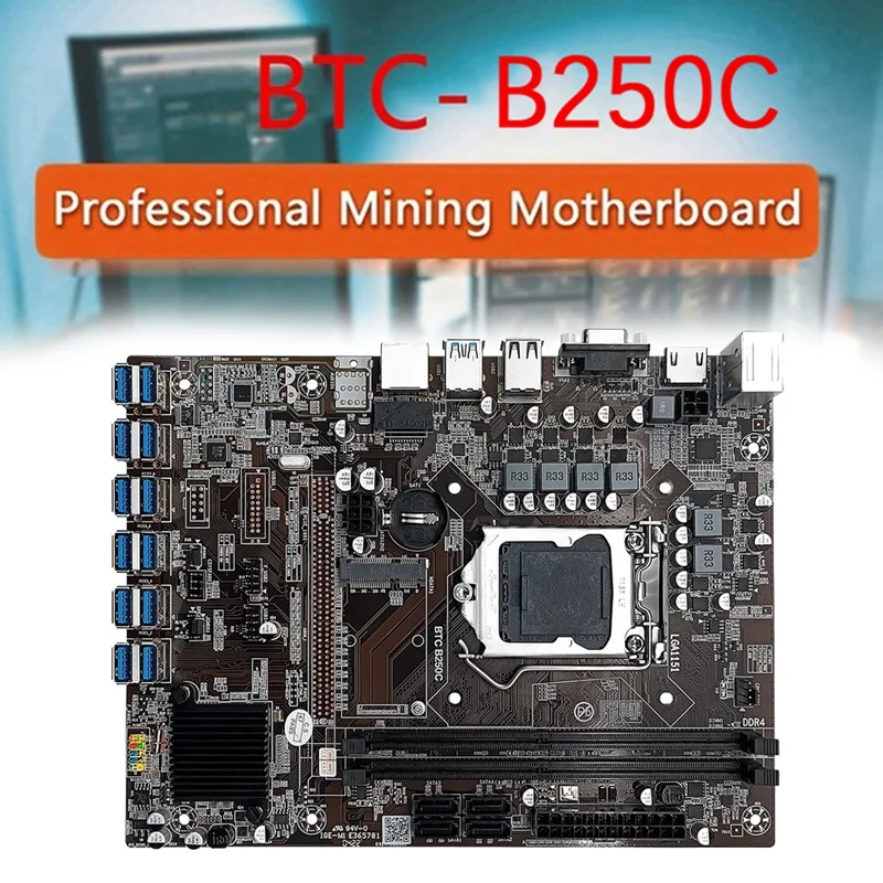 B250C 12 Card GPU Mining Motherboard+G3900/G3930 CPU+CPU Fan+Switch Cable+SATA Cable+Bezel 12XUSB3.0 LGA1151 DDR4 MSATA