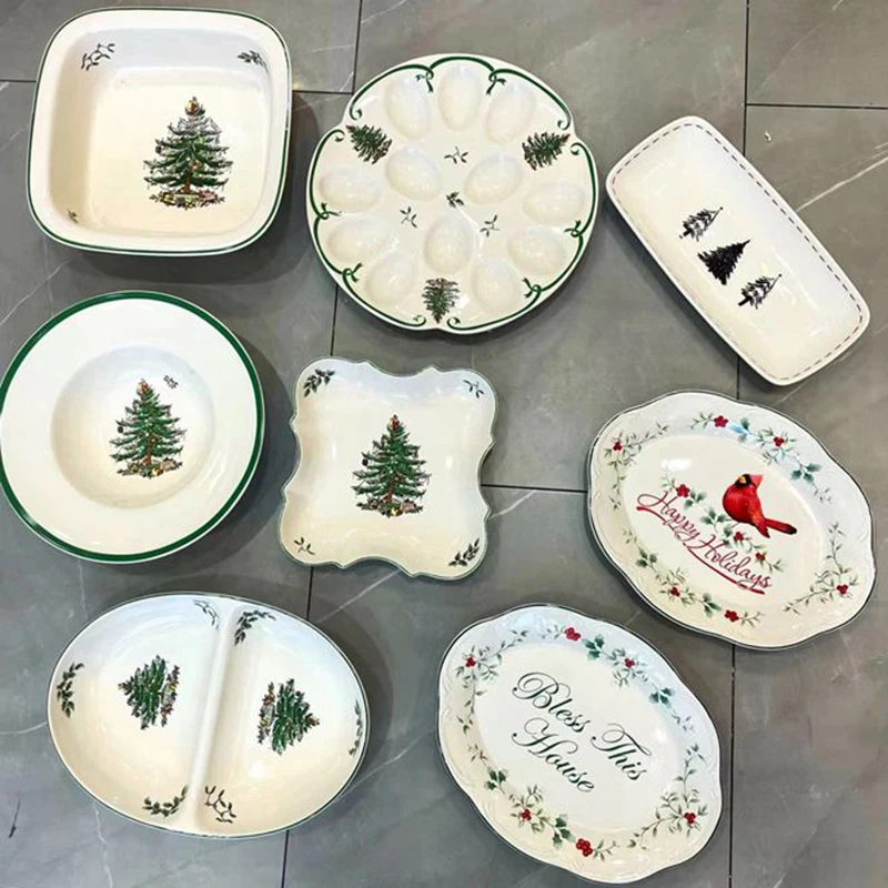 

Christmas Tableware Ceramic Plate Food Container Fruit Dessert Steak Dinner Plate Soup Bowl Home Egg Tray Decoration Plate