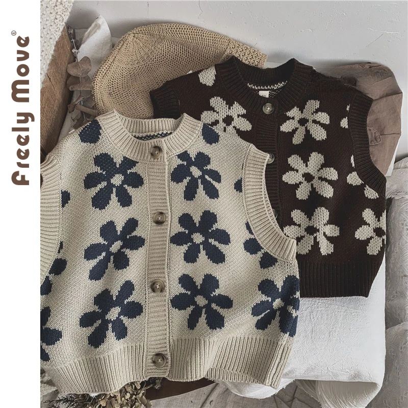 

Freely Move Baby Vest Children Jacket Vest Autumn Winter Girls Warm Vest Boys Waistcoat Sleeveless Floral Knitted Kids Outerwear