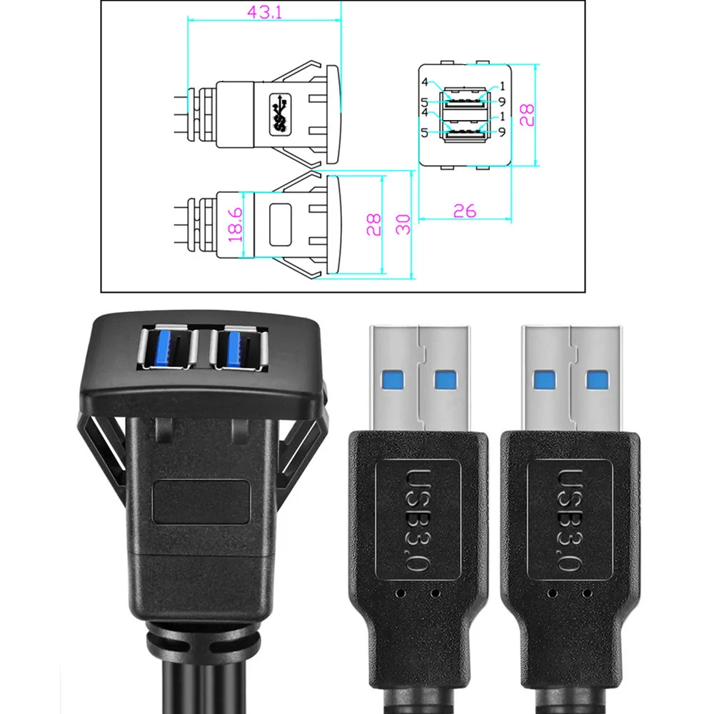Фото Автомобильный удлинитель с двумя USB-портами, квадратный удлинитель с USB 3,0 для приборной панели, мотоцикла №2