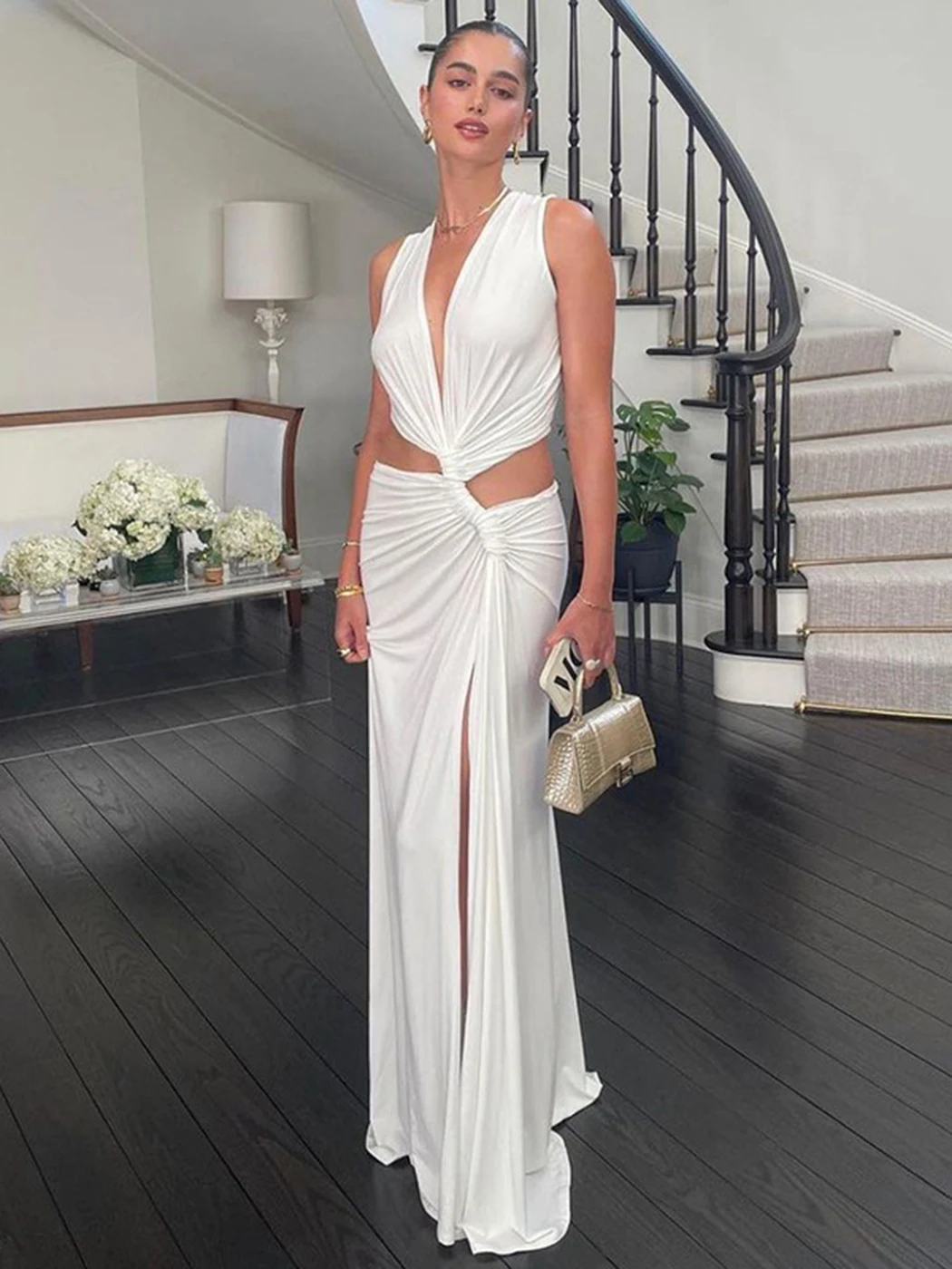 

Женское длинное платье с разрезом, однотонное Привлекательное платье макси без рукавов с глубоким V-образным вырезом, праздничное платье для девушек, лето 2023