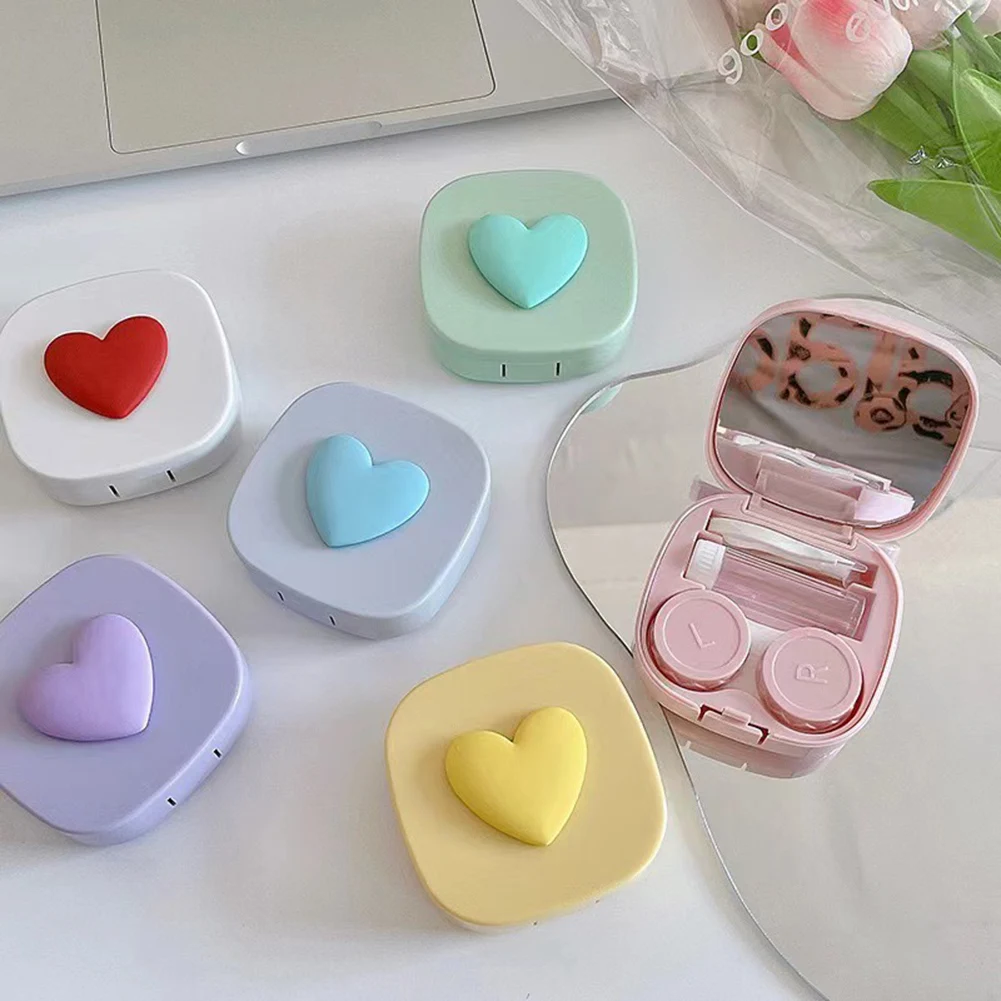 

New Lovely Contact Lens Box Macaron Color Square Love Portable Mirror Companion Box Travel Easy Carry Storage Container