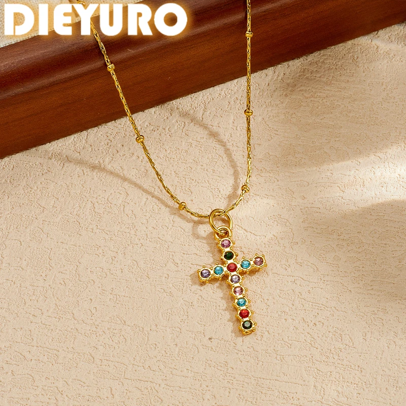 Фото DIEYURO 316L Ожерелье из нержавеющей стали с цветными цирконами и крестом, классическое водонепроницаемое, для женщин №1