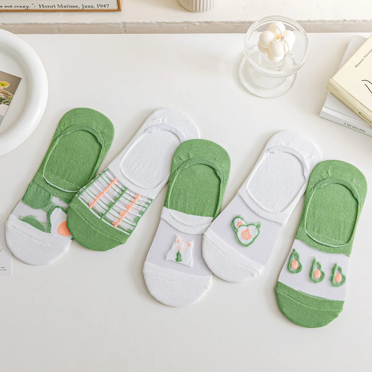 

Women Low Cut Ankle Boat Sock Summer Ultra-thin Breathable Avocado Sock Slippers Silicone Non-slip Invisible No Show Socks Women