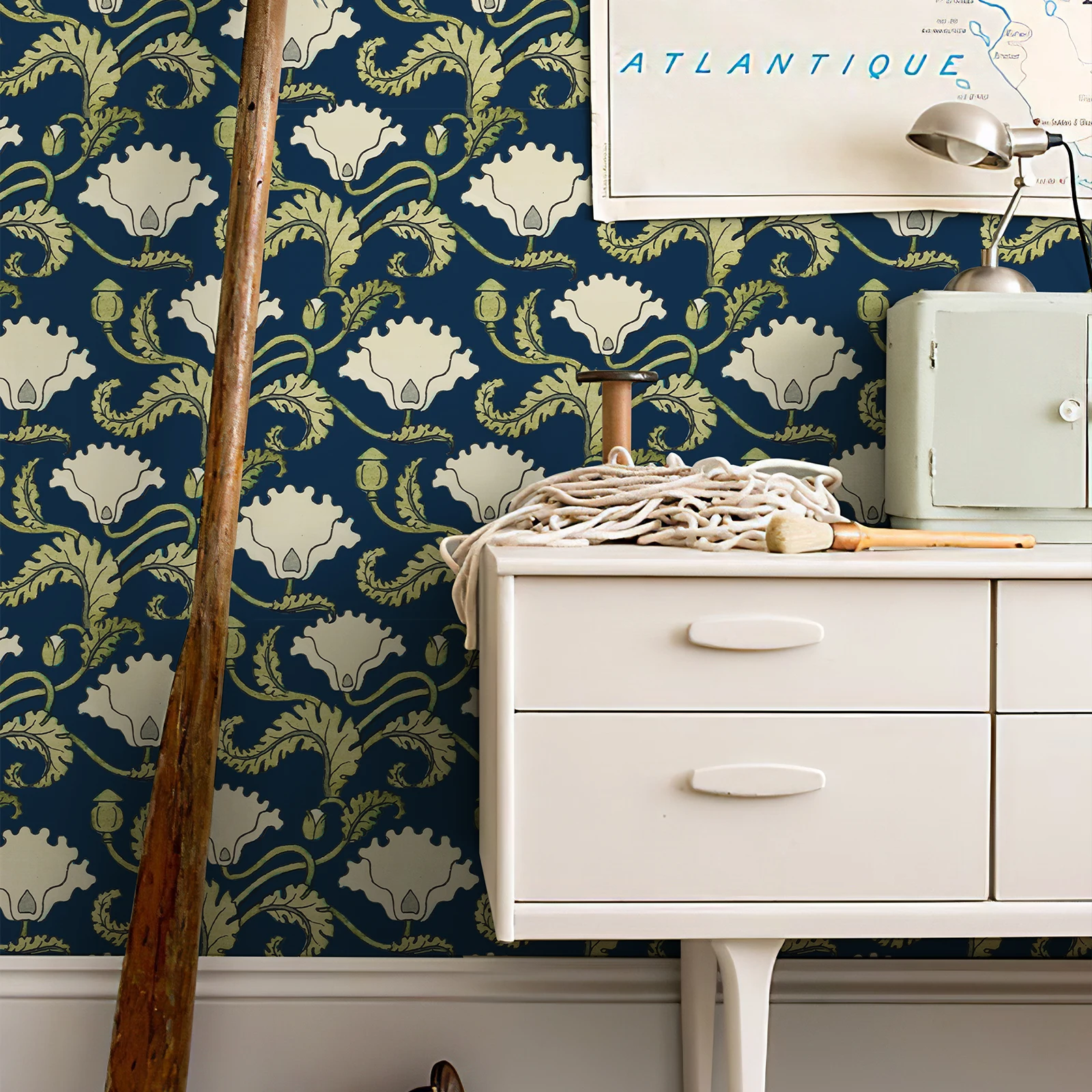 Темно-синие водонепроницаемые обои из ПВХ в стиле ретро