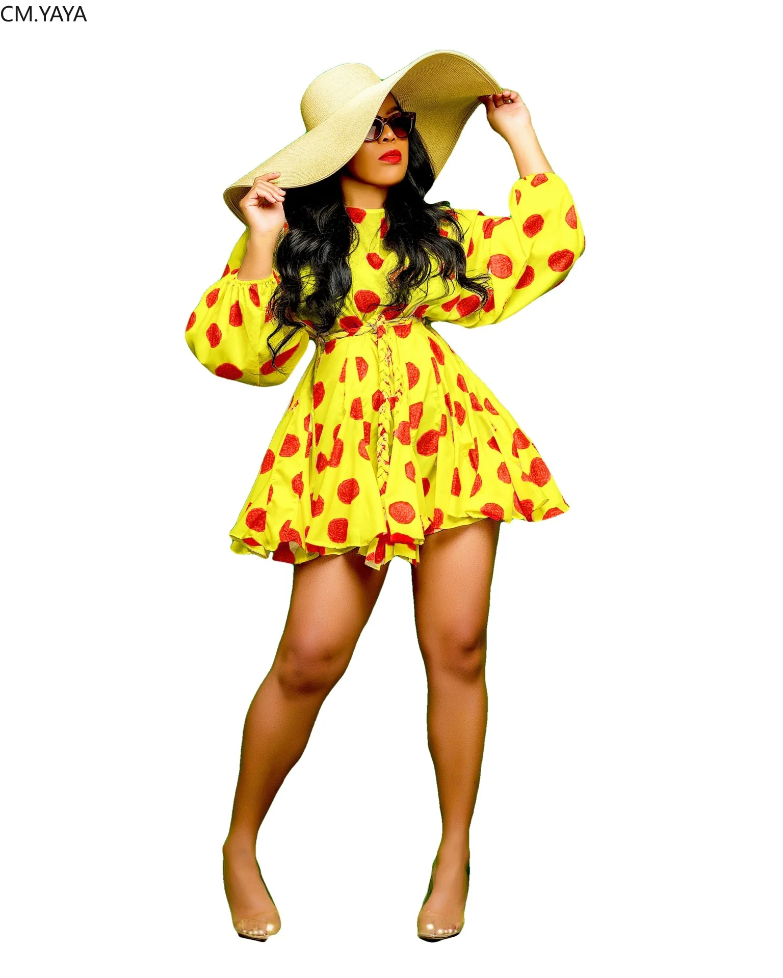 Женское бальное платье с принтом CM.YAYA Осеннее мини-платье круглым вырезом и