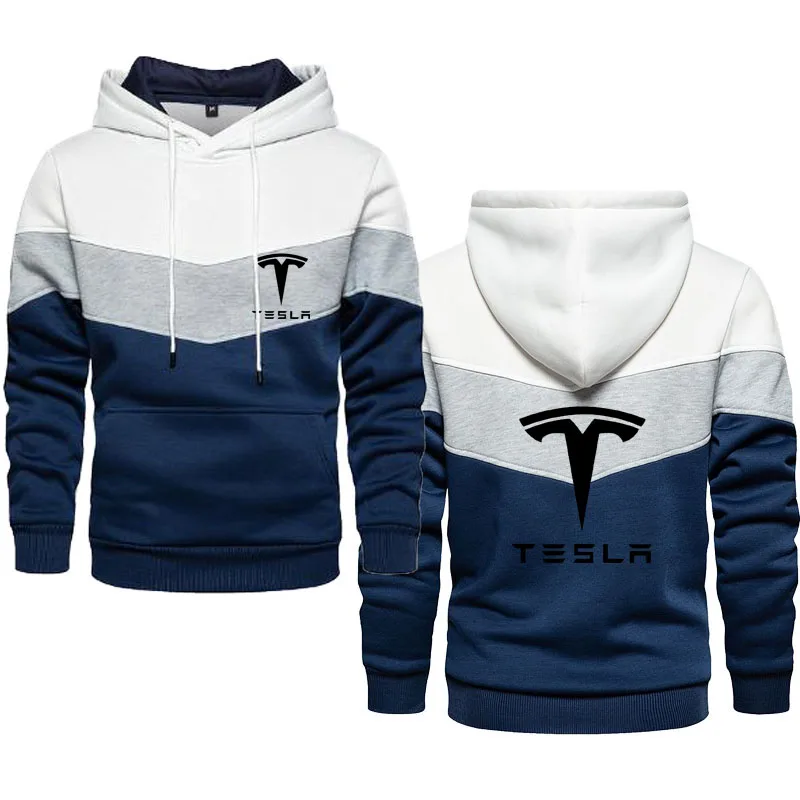 

Patchwork Stitching color Male Hoodie Tesla car logo print New Pure cotton high quality Casual Harajuku Hoodie sweatshirt mens