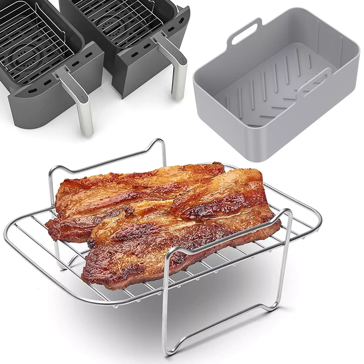 

2pcs Air Fryer Silicone Pot with Rack Reusable Silicone Air Fryer Basket Square Stainless Steel Rack for Cooking Steaming
