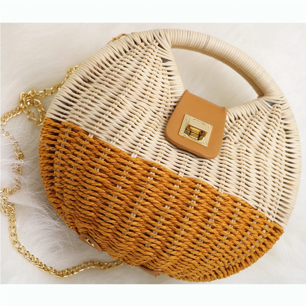 Bohemian Straw Bags for Women Brands Panelled Rattan Bag Women Handbags Summer Shell Beach Bag Chains Crossbody Bags Boho Tote