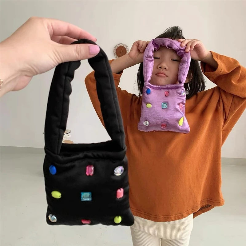

The Same Hand-stitched Gemstone Small Square Bag Shoulder Handbag Niche Design Diamond Female Ruffian Baby Cute Tote Bag