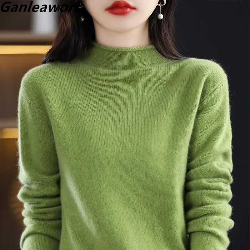 

Half Height Collar Women's Sweater New Pullover In Autumn Winter Long Sleeve Wool Solid Bottomed Loose Top Knitwear Korean Trend