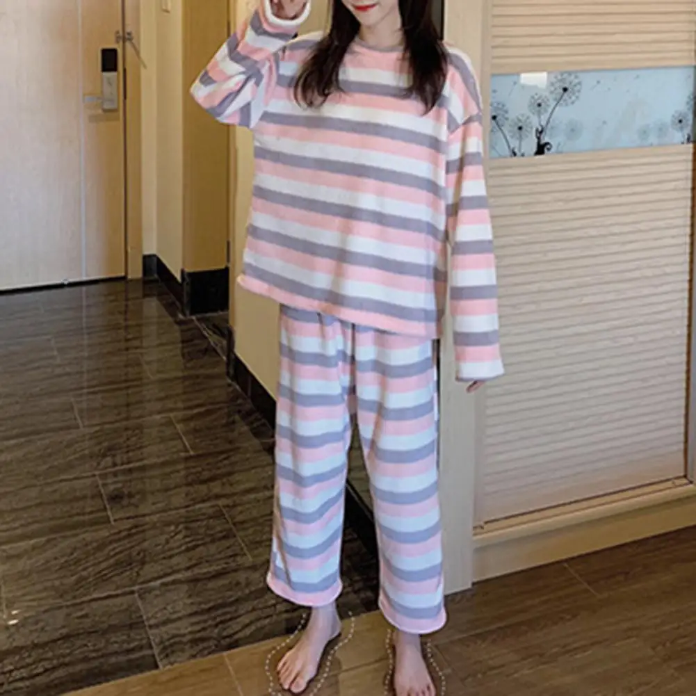 

Lady Nightie Suit 2 Pcs/Set Beautiful Warm Cartoon Rainbow Stripe Lady Nightie Suit Women Clothes