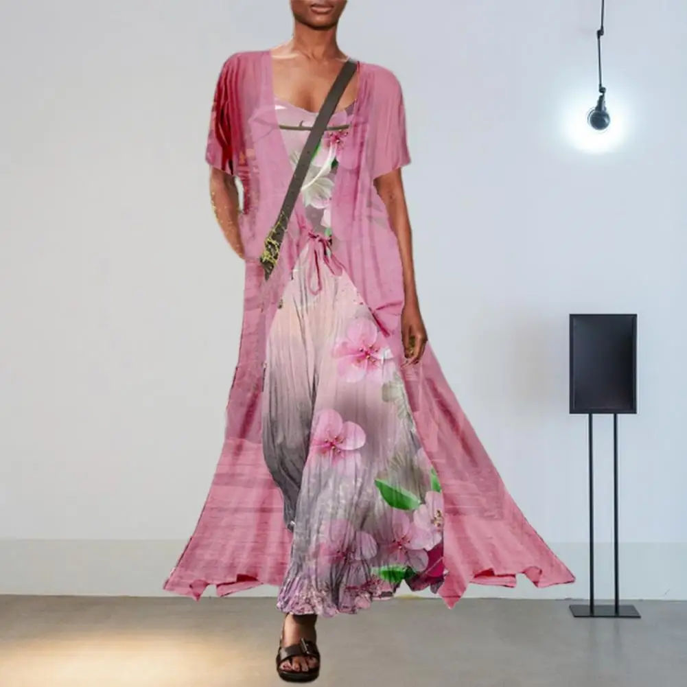 

2Pcs/Set Fashion Abstract Printing Long Dress Net Yarn Coat Set Maxi Dress Shrink Resistant Ankle-Length