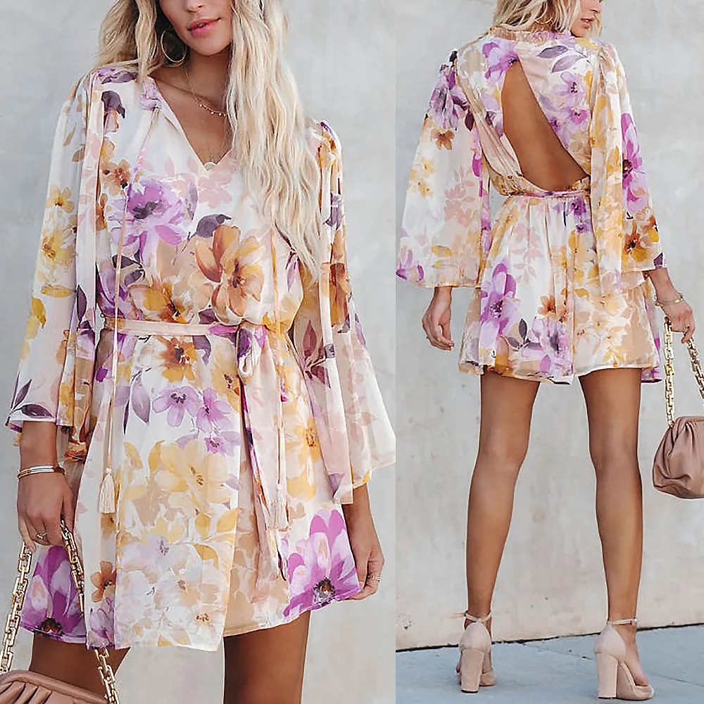 

Women's Floral Print Mini Dress Europe and America Fashion Fragmented Flower V-neck Long Sleeve Backless Lace Up Casual Dress